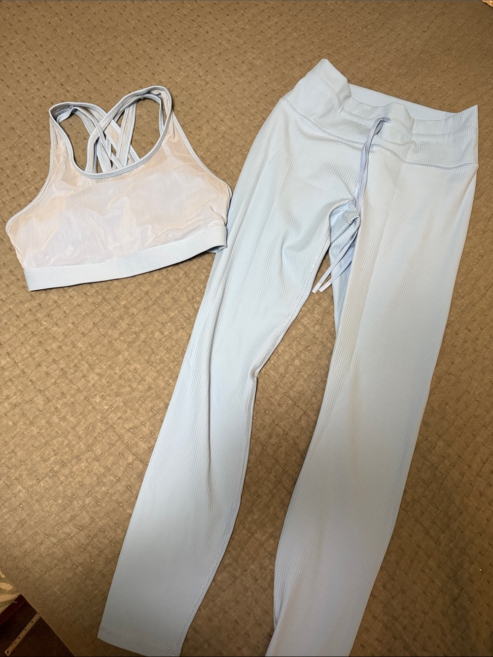 Fabletics Light Blue Ribbed Sports Bra and Leggings Set
